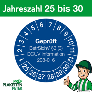 Mehrjahresprüfplakette Geprüft BetrSichV §3 (3) DGUV Information 208-016